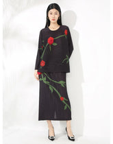 Luxe Feminine Rose Top & Pleated Skirt Set - Black
